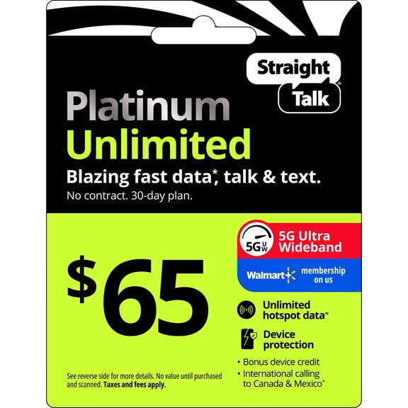 Straight Talk $65 Platinum Unlimited + Device Protect 30-Day Single Line Prepaid Plan + Unlimited Hotspot data + Int'l Calling e-PIN Top Up (Email Delivery)