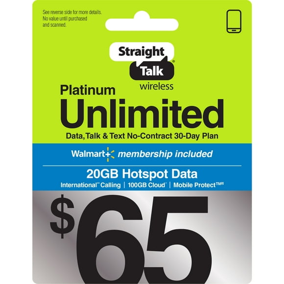 Straight Talk $65 Platinum Unlimited + Mobile Protect 30-Day Prepaid Plan + 20GB Mobile Hotspot + Int'l Calling Direct Top Up