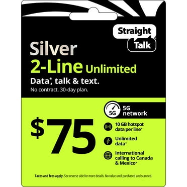 Straight Talk $75 Silver 2-Line Unlimited 30-Day Prepaid Plan + 10 GB Hotspot Data + Int'l Calling e-PIN Top Up (Email Delivery)