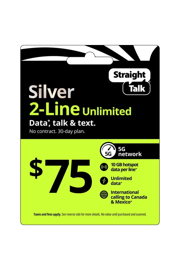 $75 Silver 2-Line Unlimited 30-Day Prepaid Plan + 10 GB Hotspot Data + Int'l Calling e-PIN Top Up (Email Delivery)