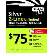 Straight Talk $75 Silver 2-Line Unlimited 30-Day Prepaid Plan + 15 GB Hotspot Data + Int'l Calling e-PIN Top Up (Email Delivery)