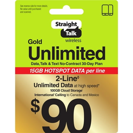 Straight Talk $90 Gold Unlimited Talk, Text & Data 2-Line 30-Day Prepaid Plan + 15GB Hotspot Data + Cloud Storage &Int'l Calling e-PIN Top Up (Email Delivery)