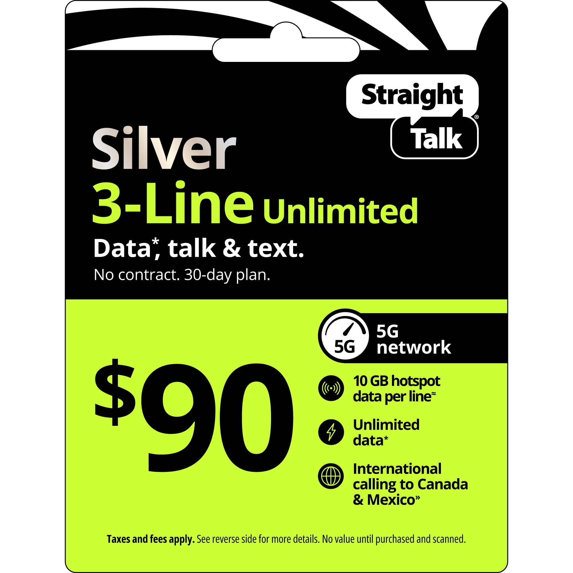 Straight Talk $90 Silver 3-Line Unlimited 30-Day Prepaid Plan + 10 GB Hotspot Data + Int'l Calling e-PIN Top Up (Email Delivery)