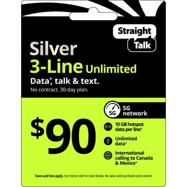 Straight Talk $90 Silver 3-Line Unlimited 30-Day Prepaid Plan + 10 GB Hotspot Data + Int'l Calling e-PIN Top Up (Email Delivery)