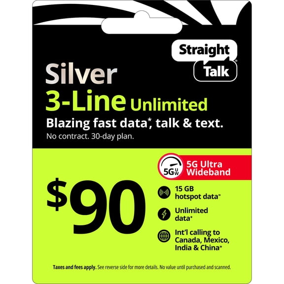 Straight Talk $90 Silver 3-Line Unlimited 30-Day Prepaid Plan + 15 GB Hotspot Data + Int'l Calling e-PIN Top Up (Email Delivery)