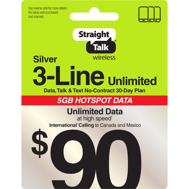 Straight Talk 90 Silver 3Line Unlimited 30Day Prepaid Plan + 5GB
