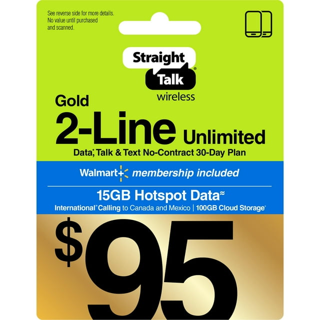 Straight Talk 95 Gold 2Line Unlimited 30Day Prepaid Plan, 15GB