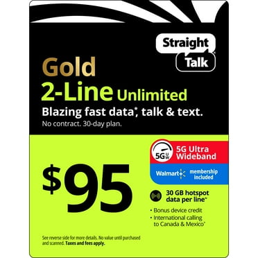 Straight Talk $95 Gold 2-Line Unlimited 30-Day Prepaid Plan, 30 GB Hotspot Data, 100GB Cloud Storage & Int'l Calling e-PIN Top Up (Email Delivery)