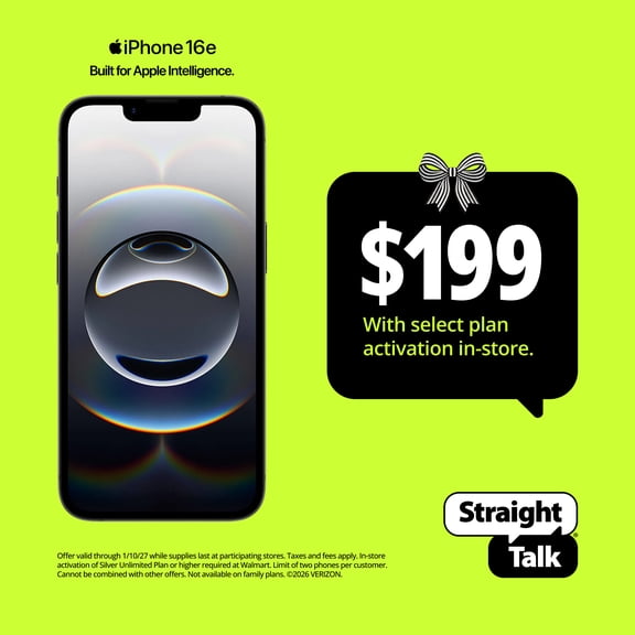Straight Talk Apple iPhone 16e, 5G, 128GB, Black - Prepaid Smartphone [Locked to Straight Talk]