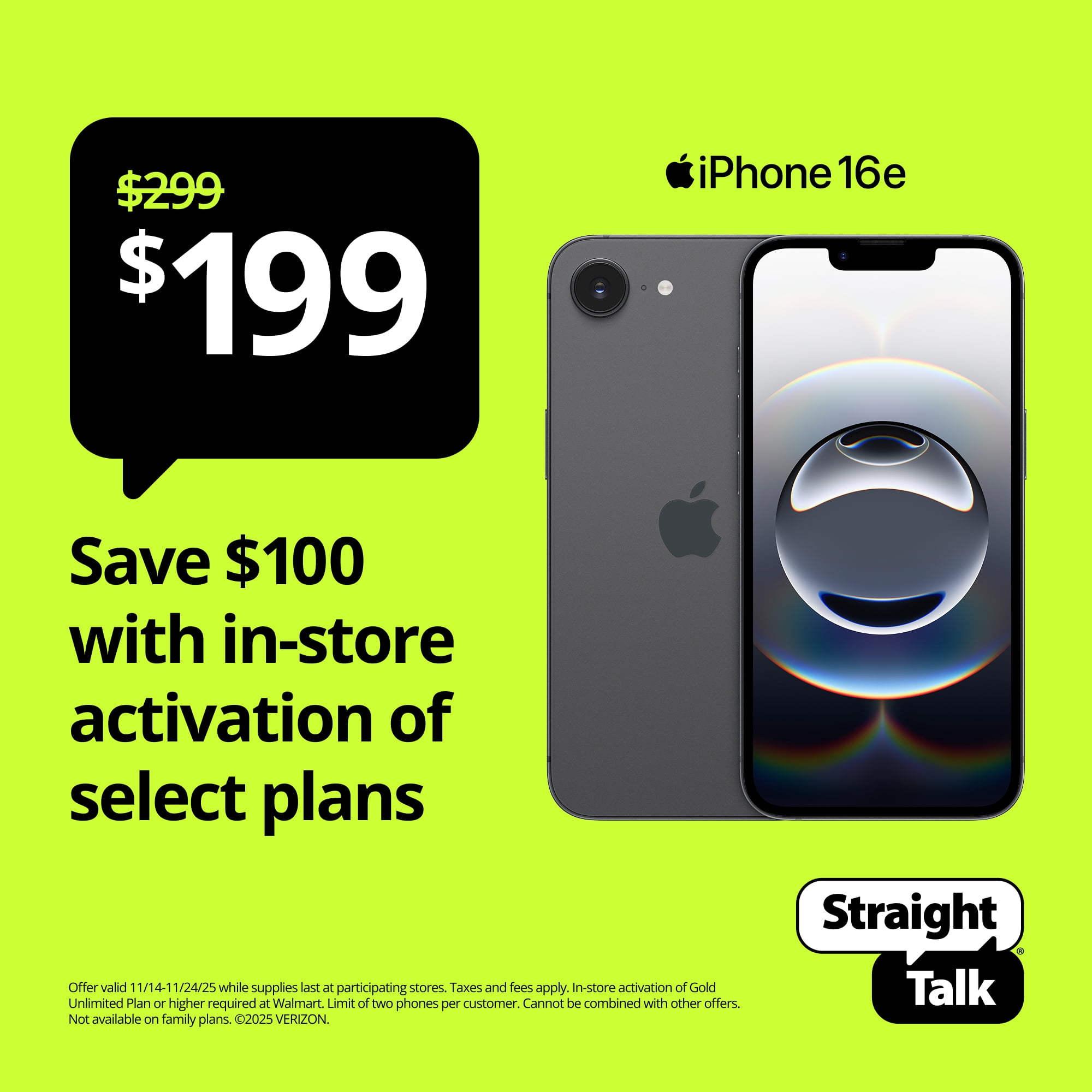 Straight Talk Apple iPhone 16e, 5G, 128GB, Black - Prepaid