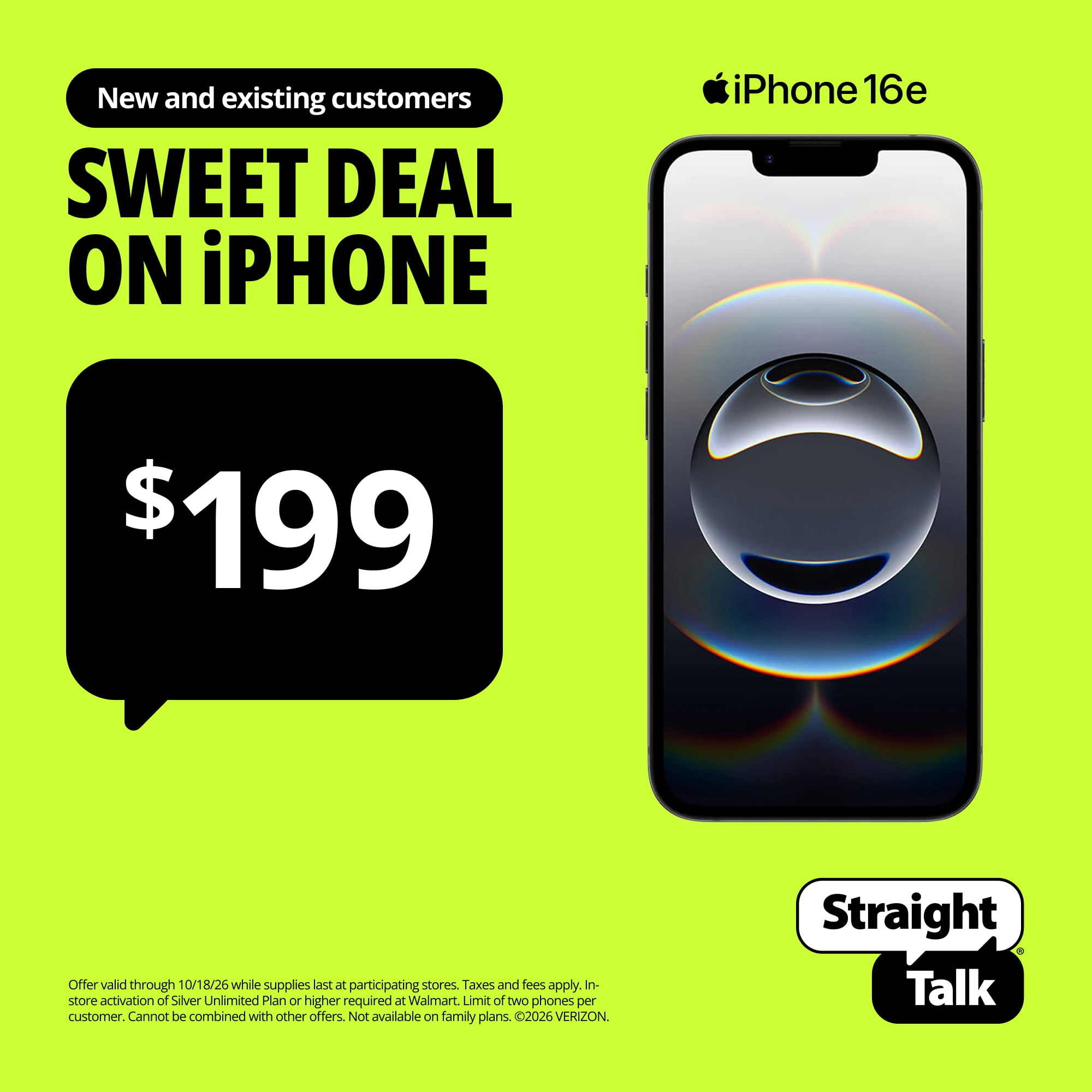 Straight Talk Apple iPhone 16e, 5G, 128GB, Black - Prepaid