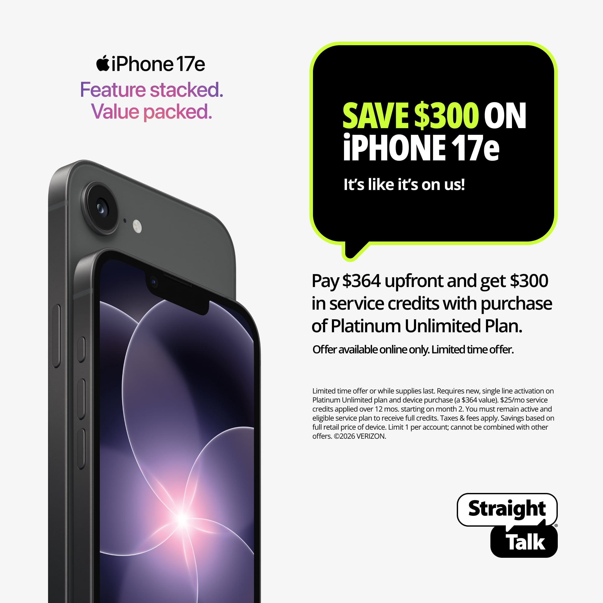Straight Talk Apple iPhone 17e Bundle with Platinum Unlimited 30-Day Plan, 5G, 256GB, Black - Prepaid Smartphone [Locked to Straight Talk]