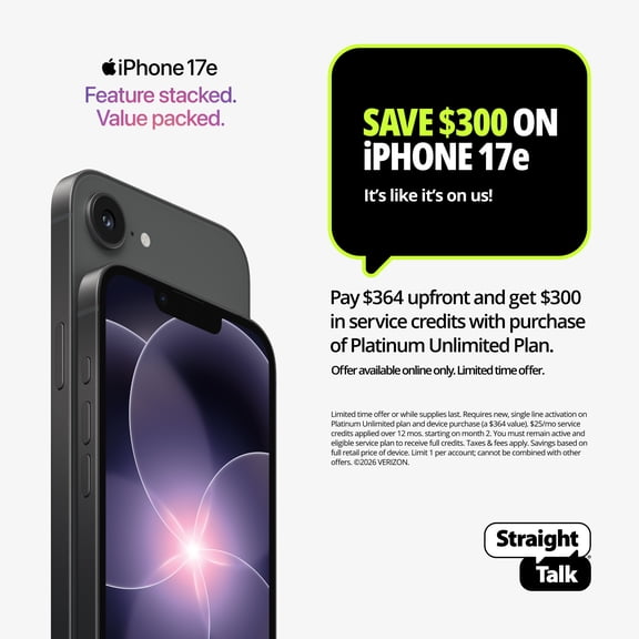 Straight Talk Apple iPhone 17e Bundle with Platinum Unlimited 30-Day Plan, 5G, 256GB, Black - Prepaid Smartphone [Locked to Straight Talk]