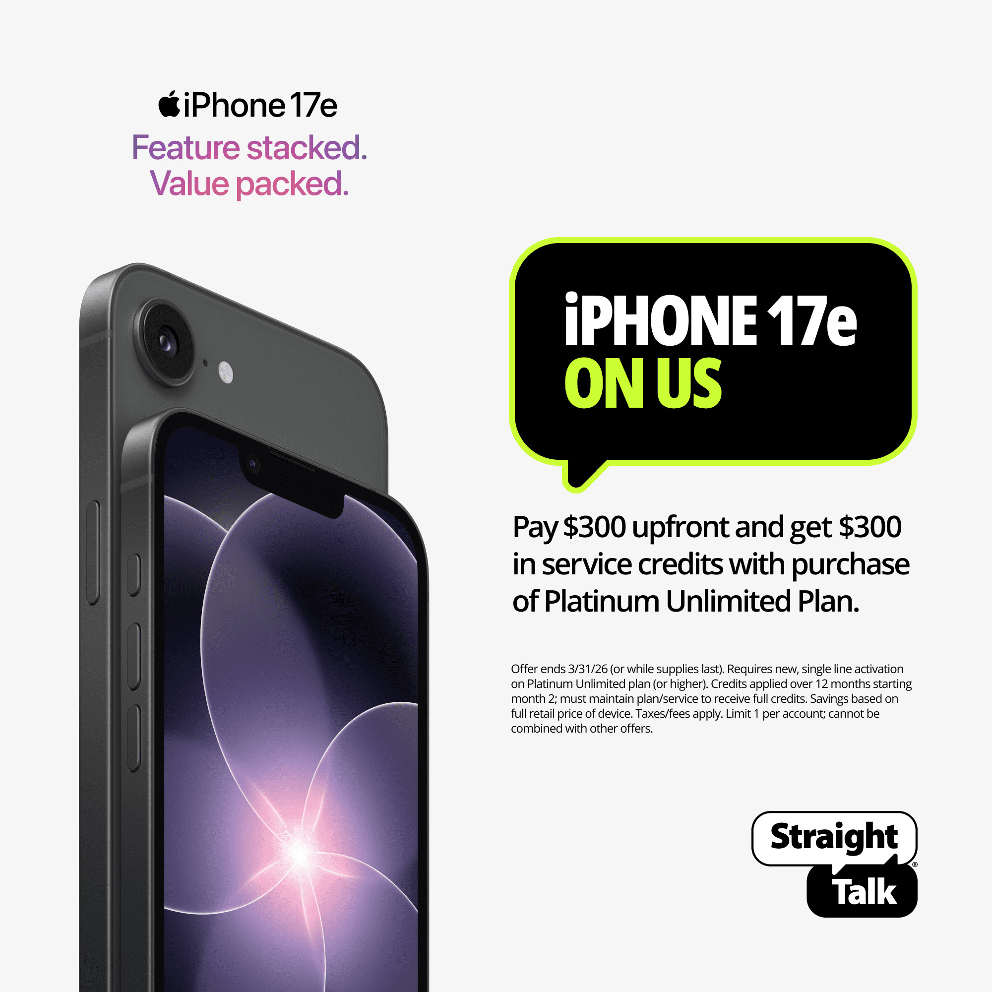 Straight Talk Apple iPhone 17e Bundle with Platinum Unlimited 30 