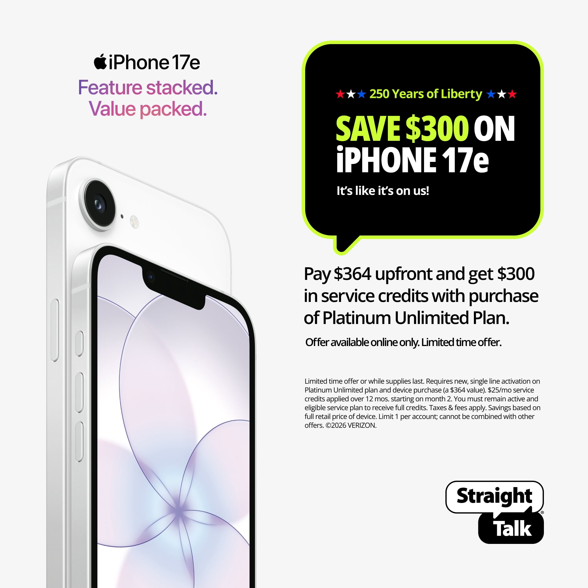 Straight Talk Apple iPhone 17e Bundle with Platinum Unlimited 30-Day Plan, 5G, 256GB, White - Prepaid Smartphone [Locked to Straight Talk]