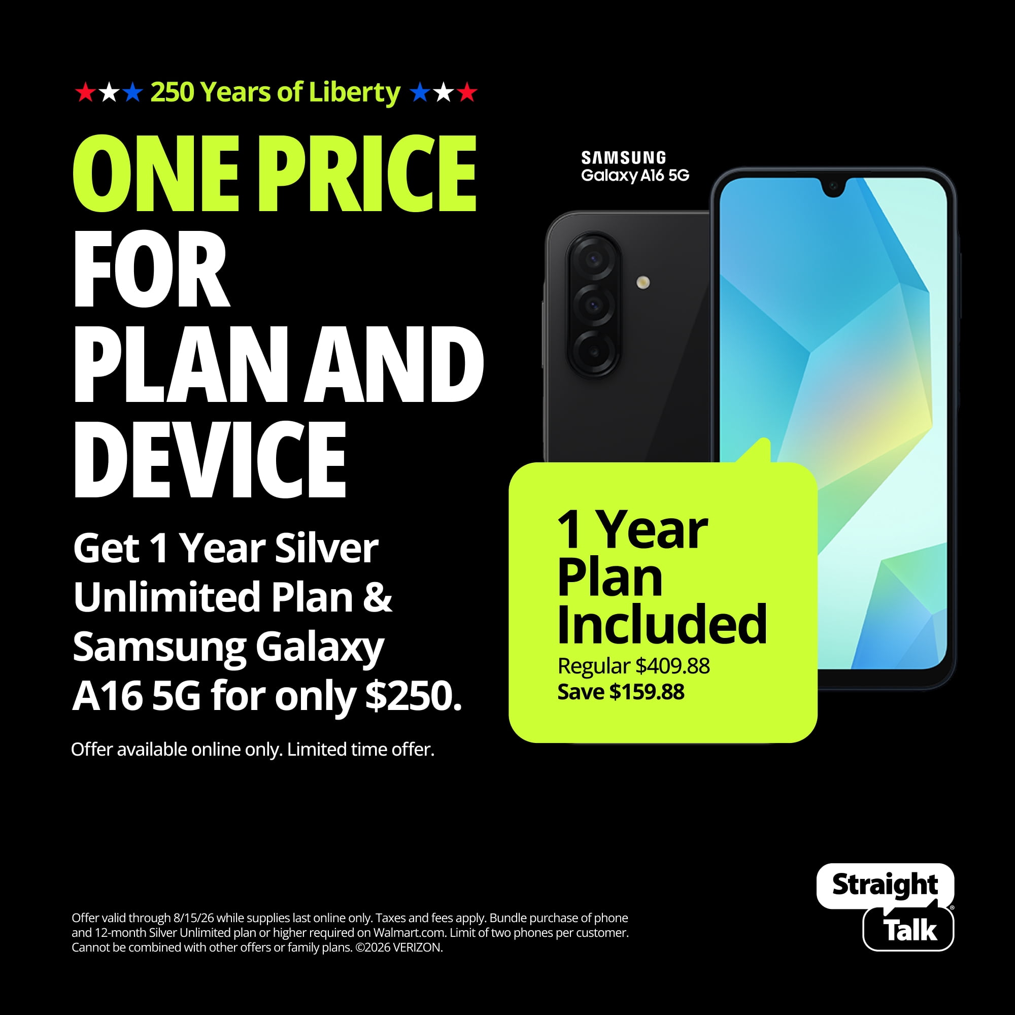 Straight Talk Samsung Galaxy A16, 5G, 128GB, Black, Includes 1 Year Silver Unlimited Service Plan - Prepaid Smartphone [Locked to Straight Talk]