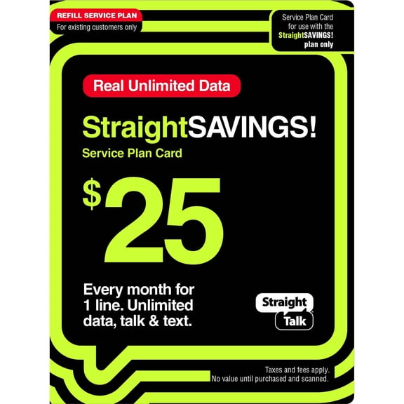 Straight Talk StraightSAVINGS! $25 Unlimited Talk, Text & Data 30-day Prepaid Plan Direct Top Up