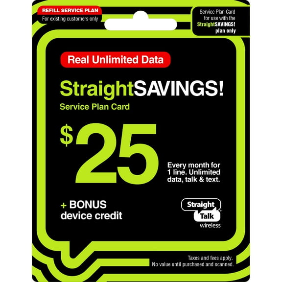 Straight Talk StraightSAVINGS! $25 Unlimited Talk, Text & Data 30-day Prepaid Plan Direct Top Up