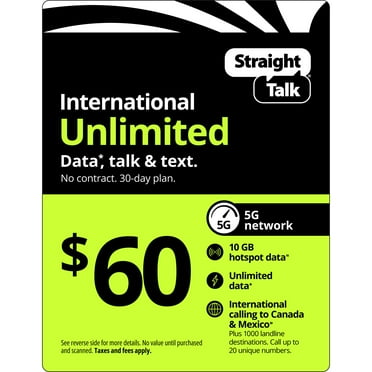 Straight Talk's $60 Unlimited International 30-Day Prepaid Plan + 10GB Hotspot Data Direct Top Up