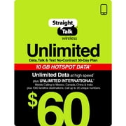 Straight Talk's $60 Unlimited International 30-Day Prepaid Plan + 10GB Hotspot Data Direct Top Up