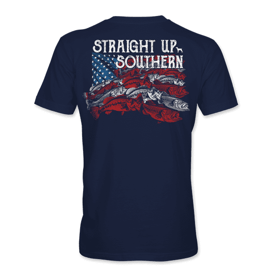 Straight Up Southern Mens Making Waves American Flag Fish Short Sleeve T-shirt-Navy-large