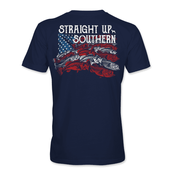 Straight Up Southern Mens Making Waves American Flag Fish Short Sleeve T-shirt-Navy-medium