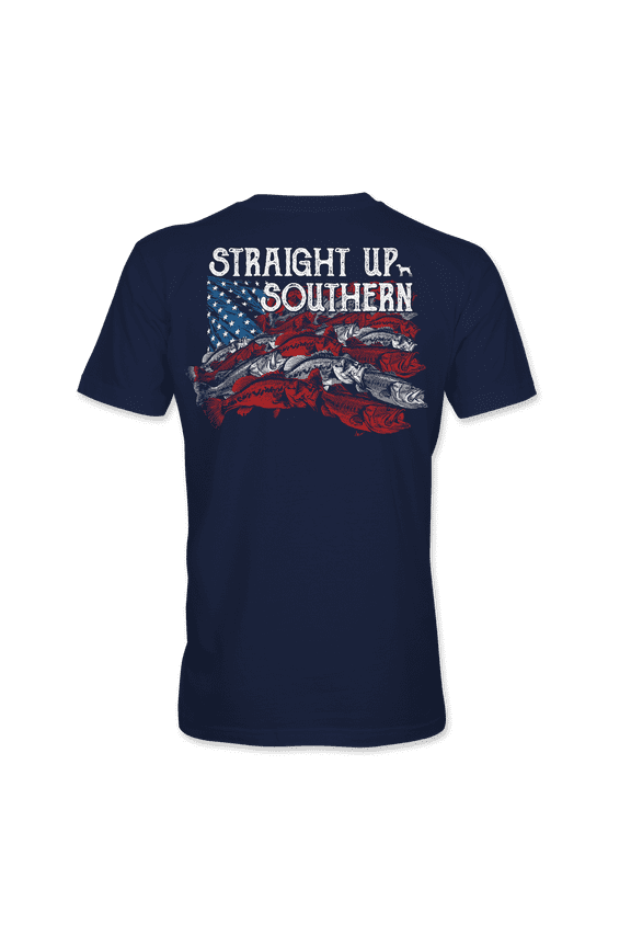 Mens Making Waves American Flag Fish Short Sleeve T-shirt-Navy-xl