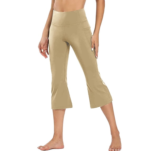 Straight Wide Leg Capris Pants for Women Pilates Yoga Pants Workout Gym Flared Leggings Mid Rise Casual Bottoms with Pockets Beige S