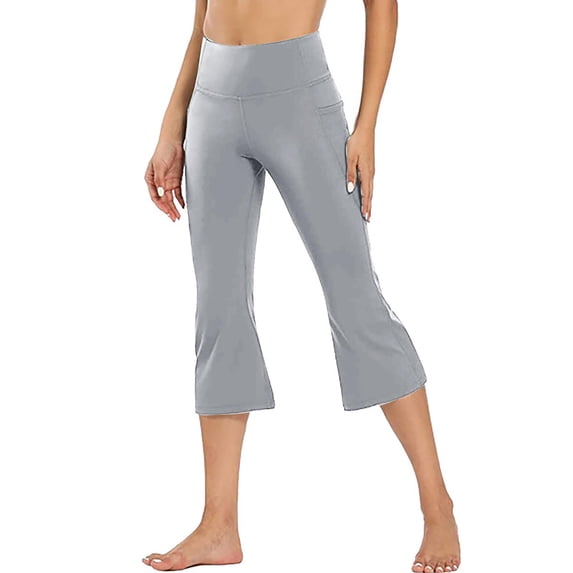 Straight Wide Leg Capris Pants for Women Pilates Yoga Pants Workout Gym Flared Leggings Mid Rise Casual Bottoms with Pockets Light Gray XL