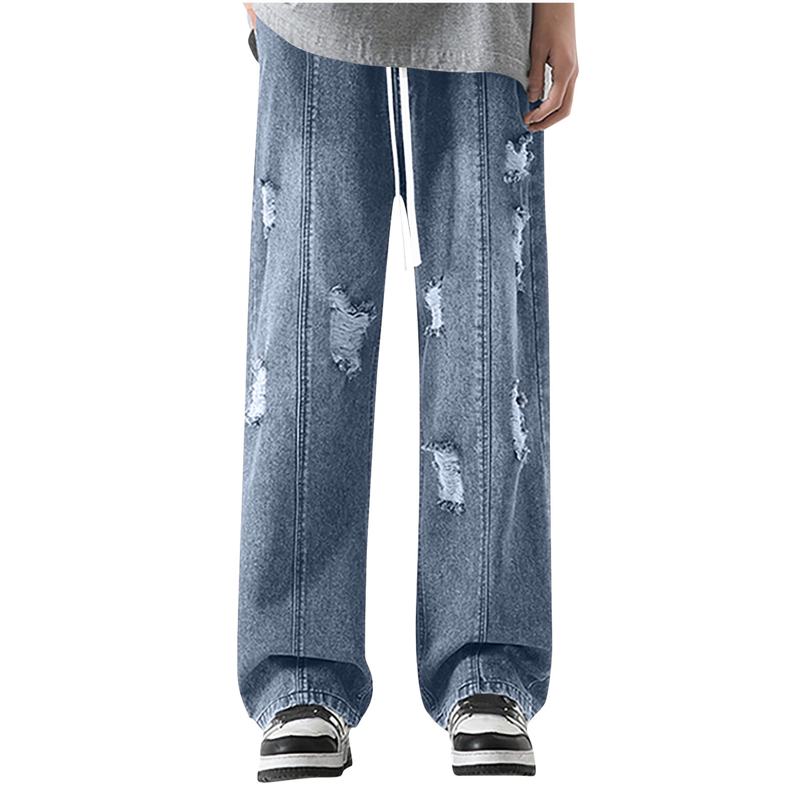 Straight Wide Leg Denim Pants for Men Casual Trendy Ripped Jeans