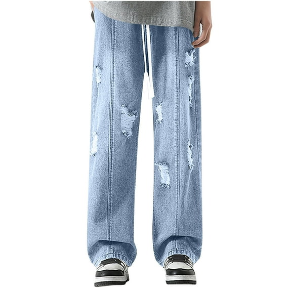 Straight Wide Leg Denim Pants for Men Casual Trendy Ripped Jeans Hippie Going Out Trousers Distressed Palazzo Pants