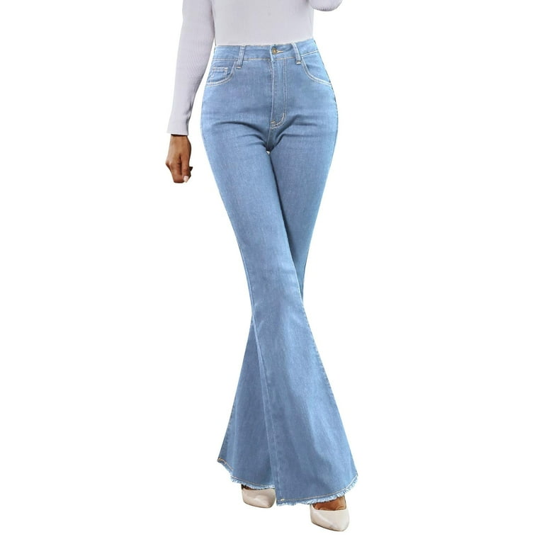 Women Flared Jeans Lace Patchwork Elastic Slim Spring Summer Autumn Fashion  Casual Bell Bottom Denim Pants Streetwear Light Blue