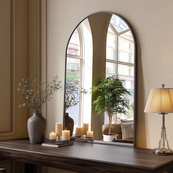 CONCETTA 26"x38" Bathroom Mirror, Decor Arched Wall Mirror, Bedroom Vanity Mirror with Metal Frame, Black, Gift for Mother's Day