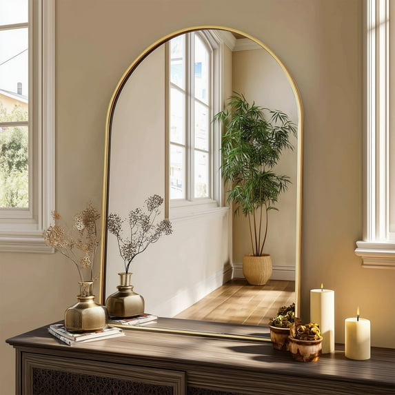 CONCETTA 26"x38" Bathroom Mirror, Decor Arched Wall Mirror, Bedroom Vanity Mirror with Metal Frame, Gold