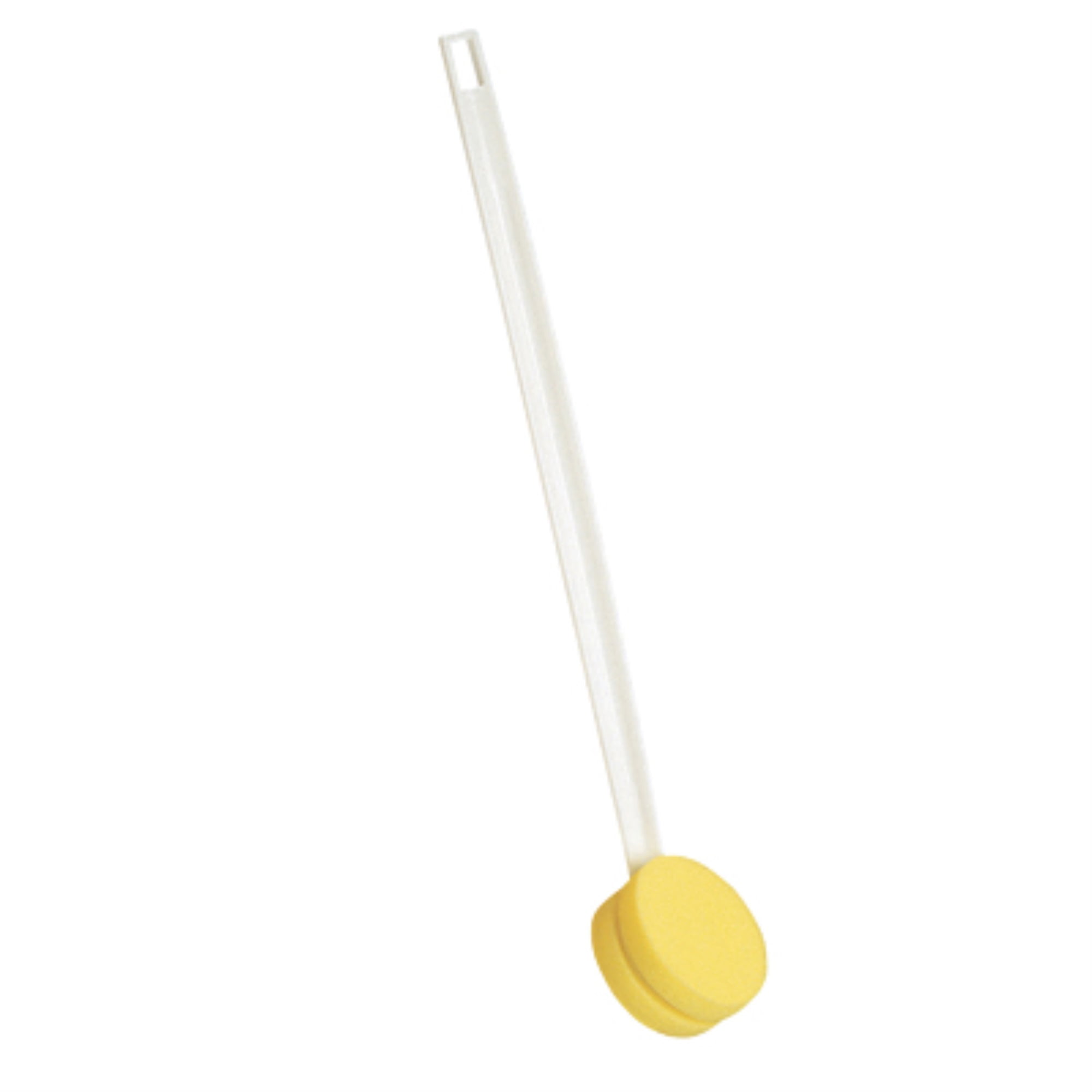 Back scrubber, straight handle, rotating arm, 3.75 inch round sponge Back scrubber, straight handle, rotating arm, 3.75 inch round sponge