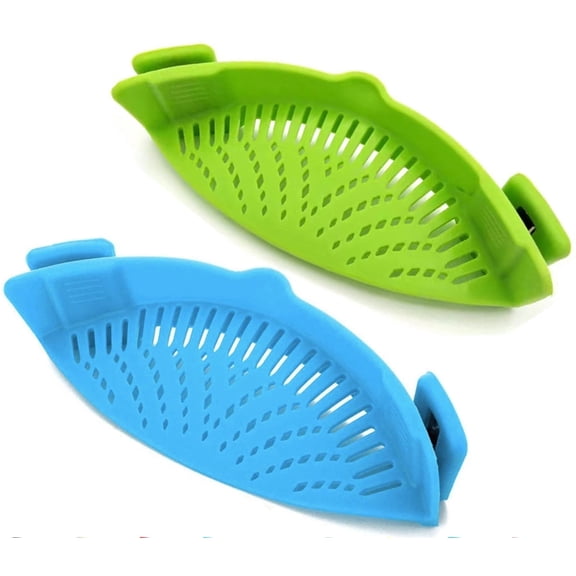 Strainer, 2 Packs of Hands-free Clip-on Heat Resistant Colander Pour Spout for Pasta Vegetable Noodles Pot bowl Pan green+ blue