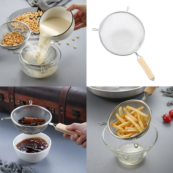 Strainer,8inch 304 Stainless Large Slotted Spoon Filter Screen Wooden Handle Two Ear Deep Fried Fishing Household Kitchen Utensils Noodle Screen Drain