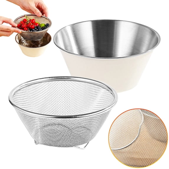 Strainer Set 304 Stainless Steel Colander Mixing Bowl – 2-Piece Small Bowl & Strainer for Berries