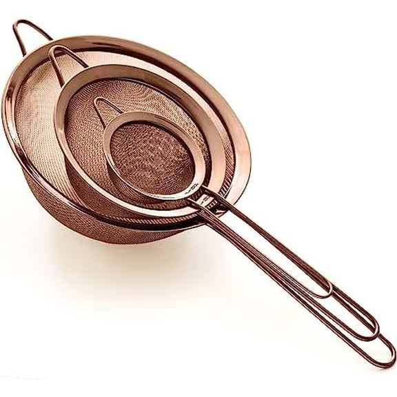 Strainer Set Fine Mesh – Premium 304 Stainless Steel (18/8) – 8″, 5.5″ and 3.3″ Sturdy Kitchen Strainers (Copper)