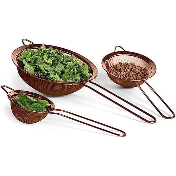 Strainer Set Fine Mesh – Premium 304 Stainless Steel (18/8) – 8″, 5.5″ and 3.3″ Sturdy Kitchen Strainers (Copper)