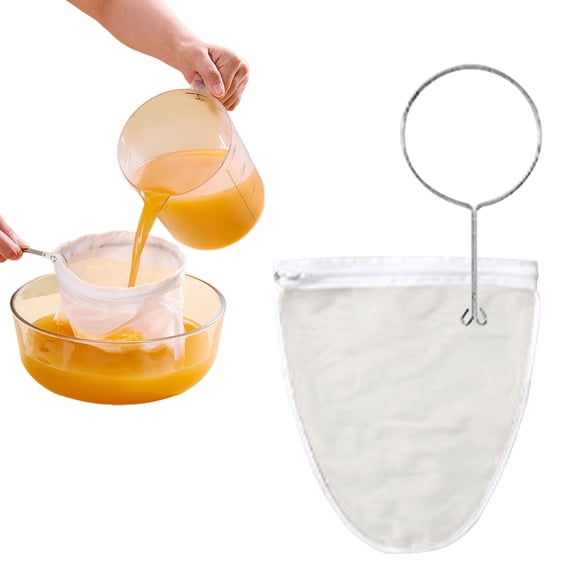 Strainer Set Reusable Nylon Mesh Filter Bag with Stainless Handle – Cheesecloth Strainer for Nut Milk (1 bag + 1 ring, L)