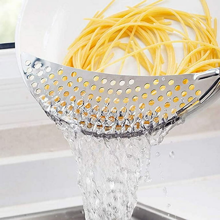 Strainer With Handle Stainless Steel Crescent Pot Strainer Colander Spaghetti Pasta Fry Drainer Food Strainers Great For Noodles Fruit Veggies And