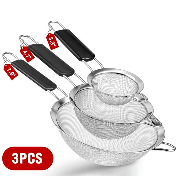 Set of 3 Fine Mesh Strainers for Kitchen, MOJINO Kitchen Strainer Set of 3 Sizes, Insulated Handles, Fine Mesh Sieves for Cooking & Baking, Ideal Kitchen Essential to Strain Pasta, Quinoa