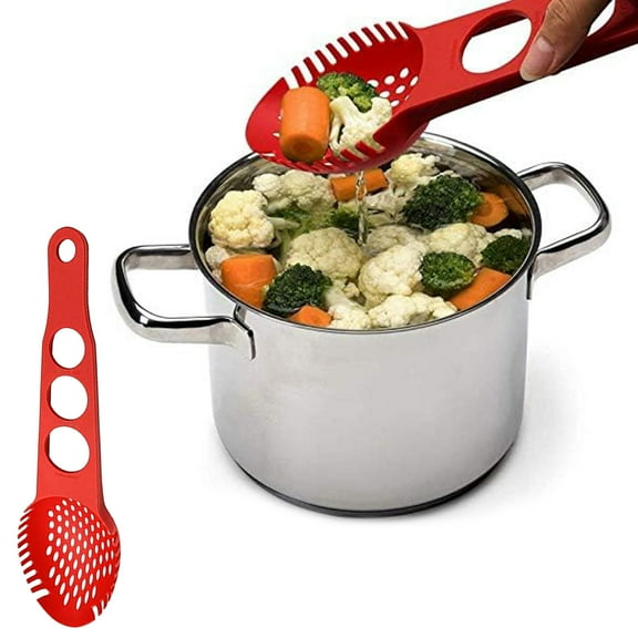 Strainers1 Nylon Spaghetti Server Non Stick Pasta Fork Slotted Spoon Food Strainer With Spaghetti Measure Tool Strainer, 14.56×4.33 inch, Red