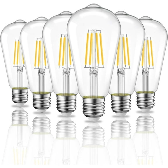 Strak Led ST 64 Filament Dimmable Vintage Edison Bulbs, 6.5W- 60W, 700 lumens Daylight White 5000K, , E26 Medium Base, Clear Glass, Pack of 6
