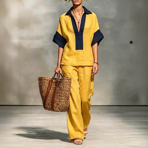 Stralyhd 2 Piece Lounge Set for Women 2026 Summer Loose Sets Casual Cotton Linen Long Outfits Vacation Matching Set Yellow L
