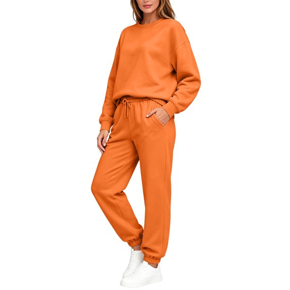 Stralyhd 2 Piece Set Womens Vacation Long Sleeve Outfits Fall Jogging 2 Piece Lounge Set Drawstring Sweat Business Sets Orange M