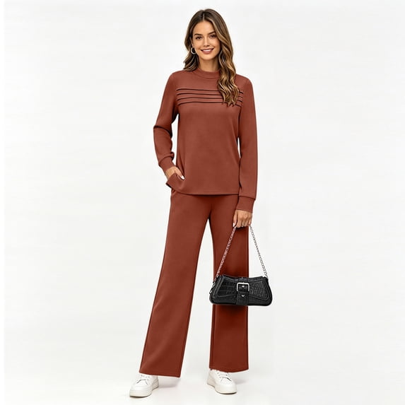 Stralyhd 2 Piece Set for Women Trendy Fall Lounge Sets Long Sleeve Sweatshirt Wide Leg Sweatpants Cozy Casual Travel Outfits Light Brown M