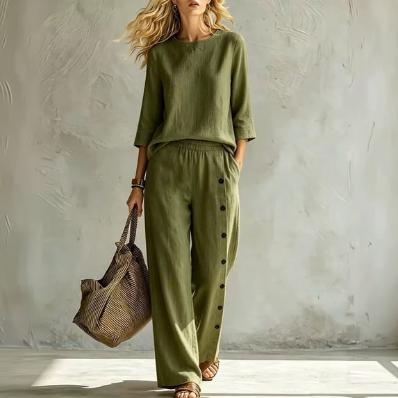 Stralyhd 2 Piece Womens Lounge Set Summer Loose Set Casual Cotton Long Outfits Vacation Matching Set with Pockets Army Green M