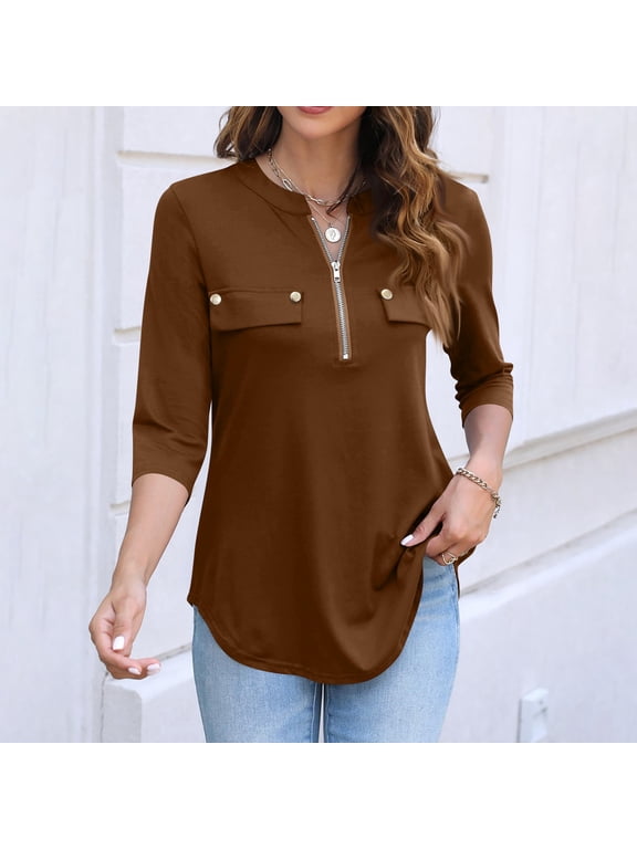 3/4 Length Sleeve Tops for Women Quarter Zip Dressy Spring Blouses Casual T Shirts Loose Vacation Outfits Brown XL